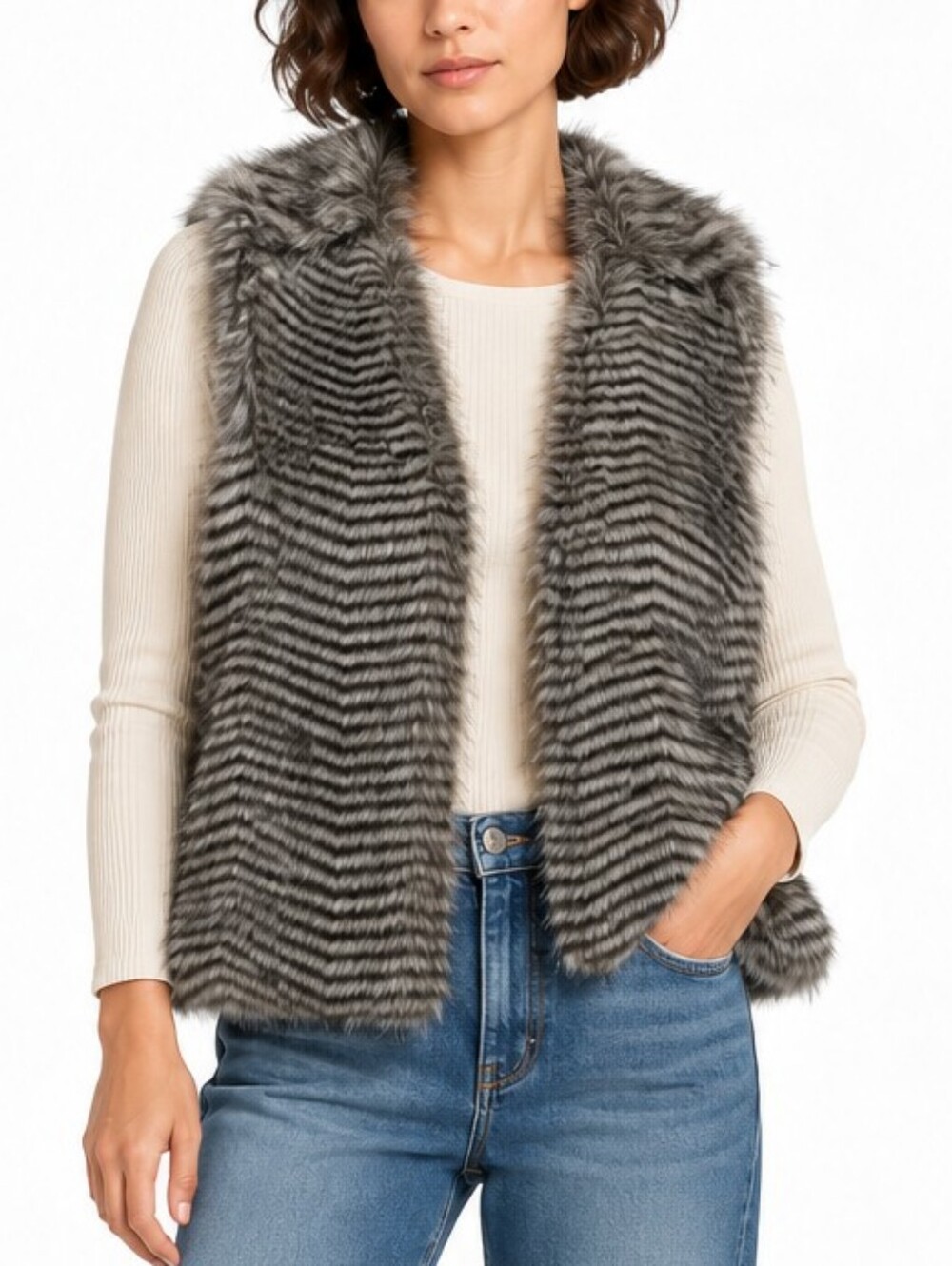 JACK Womens Faux Fur Open Front Vest Gray Striped Sleeveless Jacket Size M